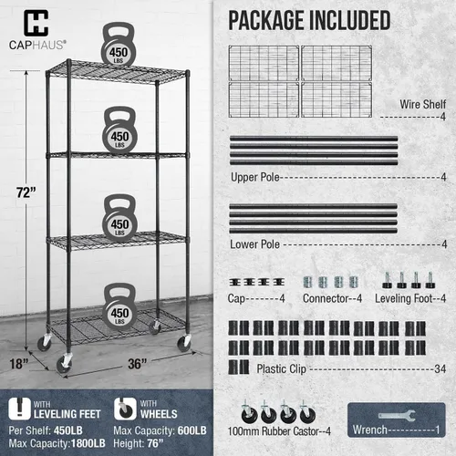 Miniatura 3 de CAPHAUS NSF - Estantería de alambre de grado comercial de alta resistencia con ruedas, patas niveladoras y forros, estante de metal