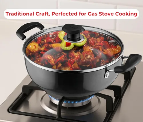 Miniatura 3 de Vinod Utensilios de cocina profesional Deep Kadhai – 2.1 litros (2.2 cuartos) – 20cm (7.9 in) – Tapa de vidrio incluida – Wok/olla anodizado duro