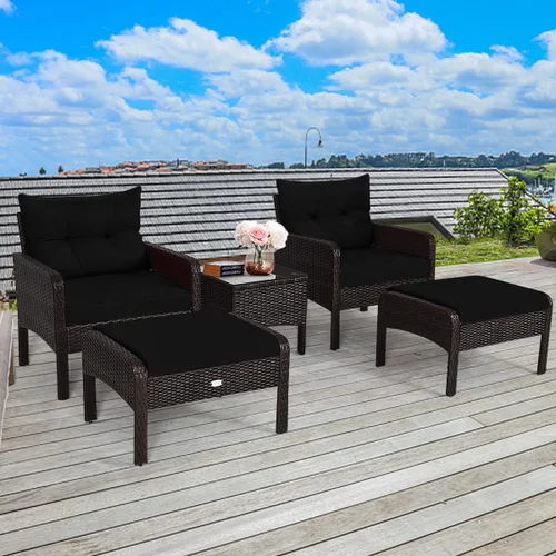 Miniatura 3 de HAPPYGRILL Juego de muebles de patio de 5 piezas para exteriores, juego de conversación de mimbre de ratán con mesa auxiliar, sofás acolchados