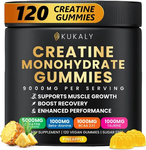 Miniatura 11 de kukaly Gomitas de monohidrato de creatina para hombres y mujeres, gomitas de creatina de 9000 mg sin azúcar, sabor mezclado con L-taurina, BCAA 2:1