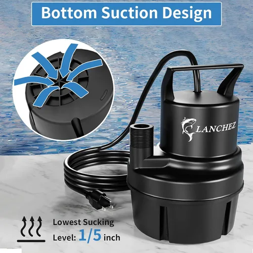 Miniatura 6 de LANCHEZ Bomba de sumidero 1/6 HP 1037 GPH Bomba de agua sumergible termoplástica portátil bomba de baja succión para piscina, jardín, estanque