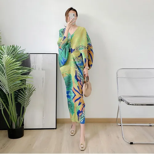 Miniatura 5 de ZYTECO Vestido plisado con estampado floral para mujer, cuello en V, manga corta, estilo dolman, casual, fluido, para invitadas de boda
