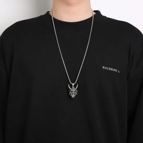 Miniatura 2 de HZMAN Collar gótico para hombre, máscara de Prajna, acero inoxidable, plata, malvado, demonio, fantasma, cuerno, calavera, colgante, Metal, No es