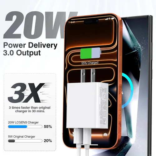 Miniatura 2 de Bloque de cargador de pared USB C de 20 W, paquete de 3 unidades de bloque de carga rápida tipo C de doble puerto PD de suministro de energía