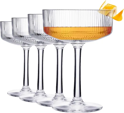 Khen Juego de 4 vasos de cóctel vintage Art Deco inastillables de 8 onzas de acrílico transparente acanalado ondulado estilo europeo, copas para