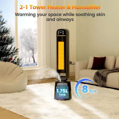 Miniatura 6 de Auertech Combo de calentador de espacio y ventilador de 35 pulgadas, calentador de torre de 1500 W con humidificador, tanque de agua de 1.75 L