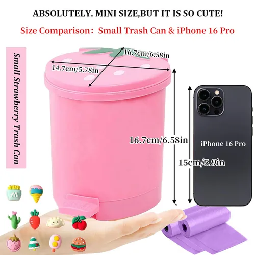 Miniatura 5 de Bote de Basura de Fresa, Bote de Basura de Plástico Lindo de 1 Galón para Escritorio Kawaii Pequeño Bote de Basura de Fresa para Dormitorio con 2