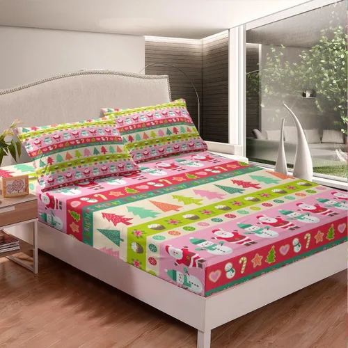Miniatura 2 de Juego de sábanas con diseño de Papá Noel y muñeco de nieve para niños, niñas y niños, de temática navideña, juego de cama con diseño de árbol