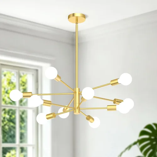 Miniatura 19 de Candelabros Sputnik Modernos para Comedor, Altura Ajustable Semi Empotrado Negro y Dorado Candelabro Lámpara de Techo Montaje 6 Luces Mediados
