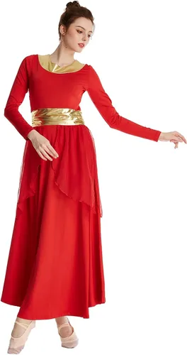 Miniatura 2 de MYRISAM Mujeres Alabanza Bata de Baile Culto Litúrgico Cintura Metálico Vestido de Manga Larga Falda de Gasa Traje Lírico