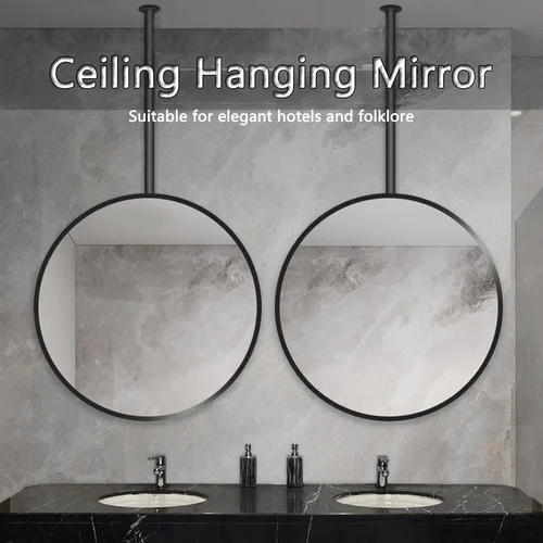 Miniatura 3 de Decorative Mirrors for Wall, Circle Ceiling Mounted Mirror, Floating Bathroom Vanity Hanging Mirror with Black Metal Frame and Boom - Round