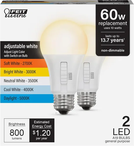 Miniatura 14 de Bombilla LED A19 de Feit Electric, equivalente a 100 W, no regulable, 5CCT, base media E26, CRI 90, 1500 lúmenes, blanco ajustable, vida útil