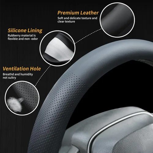 Miniatura 5 de Uxcer Funda de cuero de napa para volante, universal, de 14.5 a 15 pulgadas, antideslizante, transpirable, para automóvil, color negro