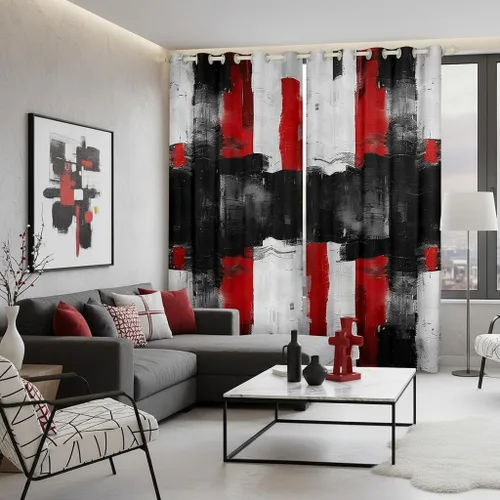 Miniatura 28 de Cortina de ventana de rayas rojas y negras, cortinas abstractas con ondas circulares, cortinas geométricas para tratamiento de ventanas para niños