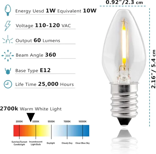 Miniatura 3 de Bombilla LED nocturna – Bombillas LED C7 E12 – Bombillas de candelabro, bombilla incandescente equivalente a 1 vatio de 10 W, blanco cálido 2700 K