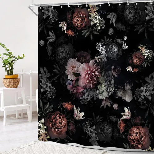 Cortina de ducha con diseño floral de peonía rosa y acuarela, estilo bohemio, retro, con ganchos, 70 x 70 pulgadas | Impresión botánica vintage de