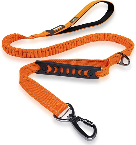 Miniatura 6 de Correa elástica táctica sin tirones para perros medianos y grandes con doble asa (4-6 pies), absorbe los golpes, mango de tráfico y entrenamiento