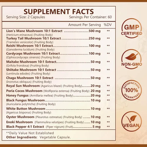 Miniatura 2 de NATURE TARGET Suplemento de hongos, complejo de hongos con melena de león, cola de pavo, reishi, cordyceps, shiitake, hongos 14 en 1 para memoria
