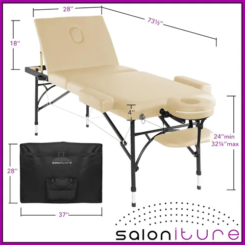 Miniatura 4 de Saloniture Mesa de masaje profesional portátil ligera de tres pliegues con patas de aluminio, incluye reposacabezas, soporte facial, reposabrazos