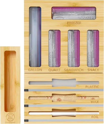 DALSHABET Organizador de cajones con bolsa de almacenamiento de bambú 9 en 1 con cortador, dispensador de papel de aluminio y envoltura de plástico