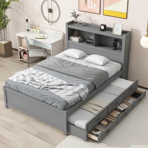 Miniatura 15 de RUNNA Elegante cama de plataforma de tamaño Queen con estantes extraíbles, cama de almacenamiento de madera con nido de tamaño individual