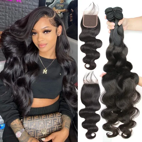 Miniatura 11 de Paquetes con extensiones de cabello ondulado con cierre (10 12 14+10, parte libre) cierre de encaje 4×4 con 3 paquetes 100% cabello humano virgen