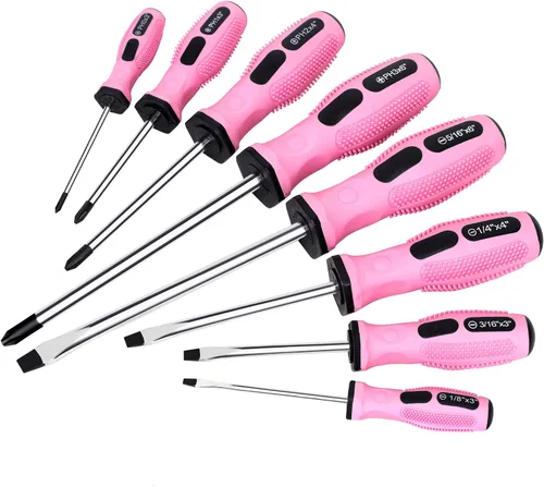 FASTPRO Juego de destornilladores magnéticos rosados de 8 piezas con 4 Phillips y 4 puntas ranuradas, kit de herramientas de reparación de