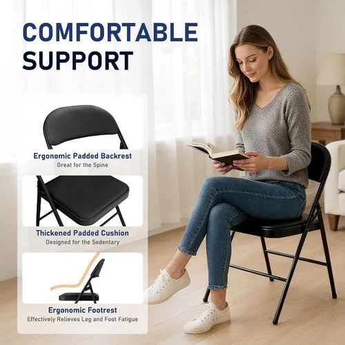 Miniatura 4 de Paquete de 4 sillas plegables negras con cojín, silla plegable acolchada con asiento y respaldo de piel sintética, sillas plegables de metal