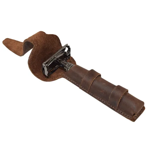 Miniatura 2 de Hide & Drink, Funda protectora de cuero para maquinilla de afeitar de doble filo, bolsa de viaje para afeitar, hecha a mano (marrón borbon)