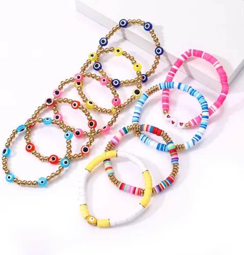 Miniatura 67 de Surfer Heishi - Pulseras apilables para mujer, apilables, de vinilo arcoíris, disco de arcilla, pulseras elásticas para la amistad, joyería bohemia