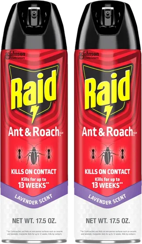 Raid Ant & Roach Killer Spray para insectos listados, sigue matando durante semanas, aroma a lavanda, 17.5 onzas (paquete de 2)