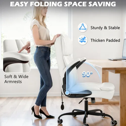 Miniatura 7 de Silla de oficina ejecutiva grande y alta de 450 libras con brazo abatible, silla de escritorio de cuero resistente, cómoda silla giratoria de Blanco