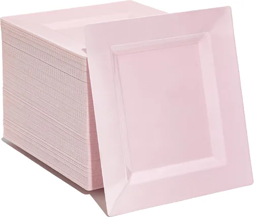 Paquete de 100 platos cuadrados de plástico de postre rosa, platos desechables de 6.5 pulgadas, platos resistentes para fiestas, bodas, Navidad,