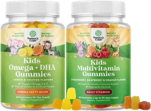 Paquete de gomitas para niños, ácidos grasos DHA Omega 3 6 9 para cerebro, fuerza y visión inmunológicas y multivitamínico para apoyo inmunológico