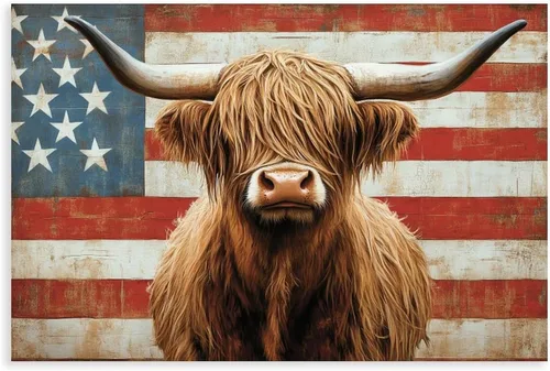 JDBeehpy Arte de pared de vaca de las tierras altas de granja, bandera americana, sin marco, póster patriótico para el Día de la Independencia del 4
