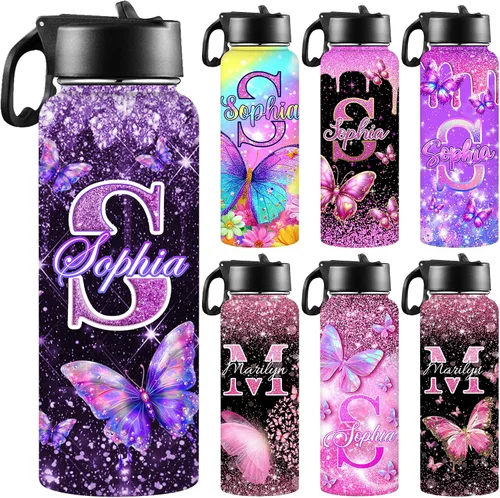 Miniatura 29 de Botellas de agua personalizadas para niñas, de acero inoxidable con aislamiento de doble pared con pajita, botella de agua de color degradado
