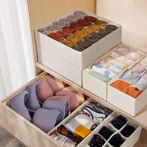Miniatura 5 de Paquete de 12 organizadores de ropa de bebé para guardería, 116 celdas de tela plegable, organizadores de cómoda y armario y contenedores de Beige