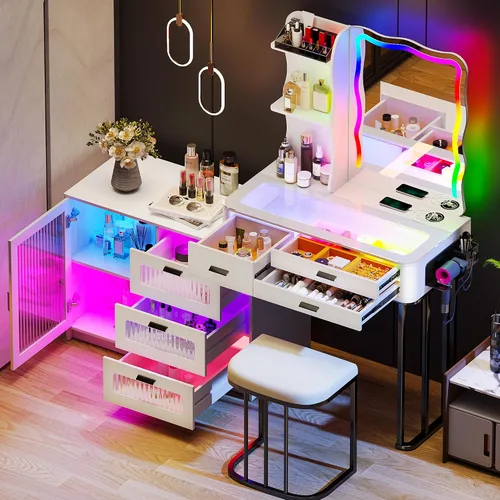 Miniatura 12 de Lvifur RGB Escritorio de Tocador - con Espejo y Luces, Juego de Mesa de Tocador con 7 Luces Dinámicas y 24 Estáticas Atenuables con Estación