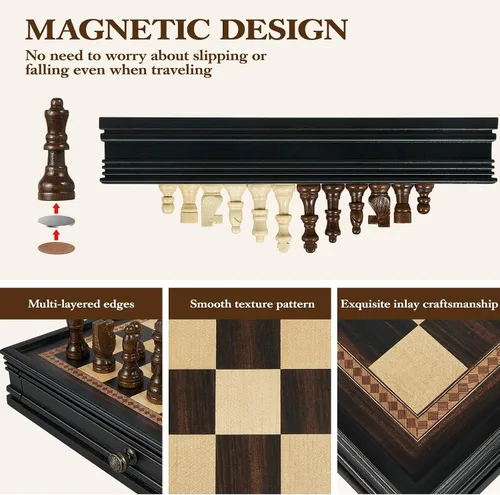 Miniatura 6 de BIVOMON Juego de ajedrez de madera de 12.5 pulgadas, piezas de ajedrez magnéticas con 2 cajones de almacenamiento integrados - juego de tablero