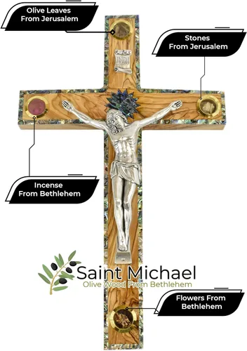 Miniatura 9 de Crucifijo de pared de cruz de madera de olivo cubierto con nácar con 4 reliquias sagradas, cruz de perla, crucifijo colgante de pared hecho