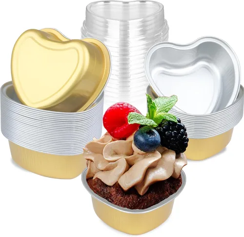 Miniatura 8 de Moldes para pasteles en forma de corazón de 3.5 pulgadas, molde de papel de aluminio con tapas, 25 piezas desechables de corazón pequeño