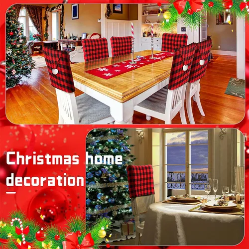 Miniatura 3 de Queekay 6 piezas de fundas traseras de silla de Navidad, protector de silla de comedor de Navidad con diseño de sombrero de Papá Noel, a cuadros