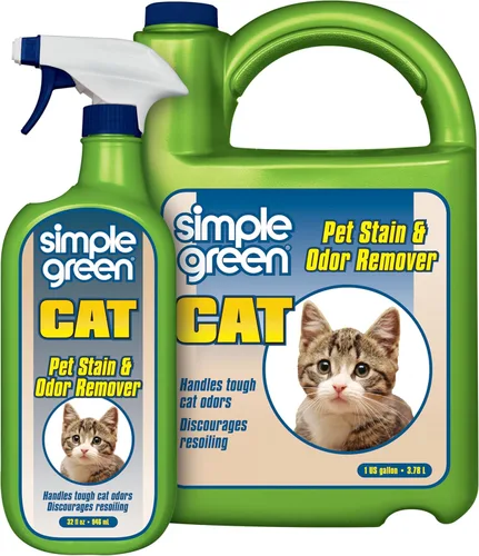 Simple Green Removedor de manchas y olores para gatos, limpiador enzimático para orina, heces, sangre, vómito (pulverizador de 32 onzas y recambio