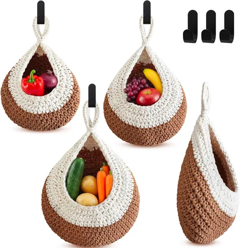 Miniatura 24 de Honeydak Cestas colgantes de pared bohemias para cocina, paquete de 3 cestas de lágrima con ganchos, almacenamiento de frutas, cebollas, verduras