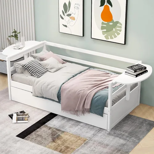 Miniatura 4 de Quarte Sofá cama multifuncional de tamaño individual con nido y estantes plegables en ambos lados, sofá cama con marco de madera y listones