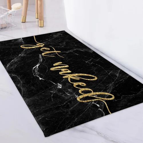 Miniatura 6 de LB Alfombra de baño de mármol negro y dorado, con cita divertida, antideslizante, diseño geométrico abstracto, tapete de espuma viscoelástica, súper
