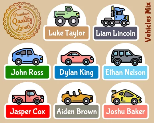Miniatura 2 de Etiquetas lindas personalizadas para nombre de automóvil de vehículos, 16 a 128 unidades, etiquetas perfectas para niños para guardería