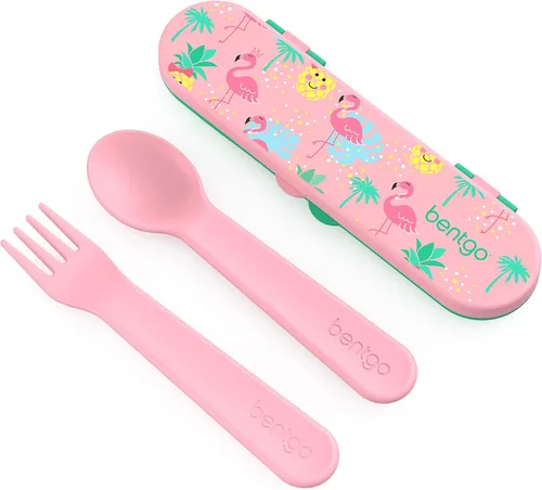 Bentgo Juego de utensilios para niños, tenedor, cuchara y estuche de almacenamiento de plástico reutilizable, materiales sin BPA, asas de fácil