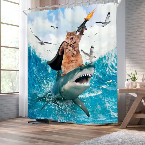 Miniatura 3 de Divertida cortina de ducha con diseño de gato de surf, tiburón, divertida, náutico, océano, océano, mar, ondas, animales, novedad, 72 pulgadas