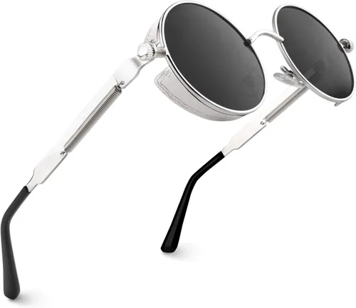 CGID E72 - Lentes de sol polarizados redondos con círculos de metal estilo steampunk retro para mujeres y hombres